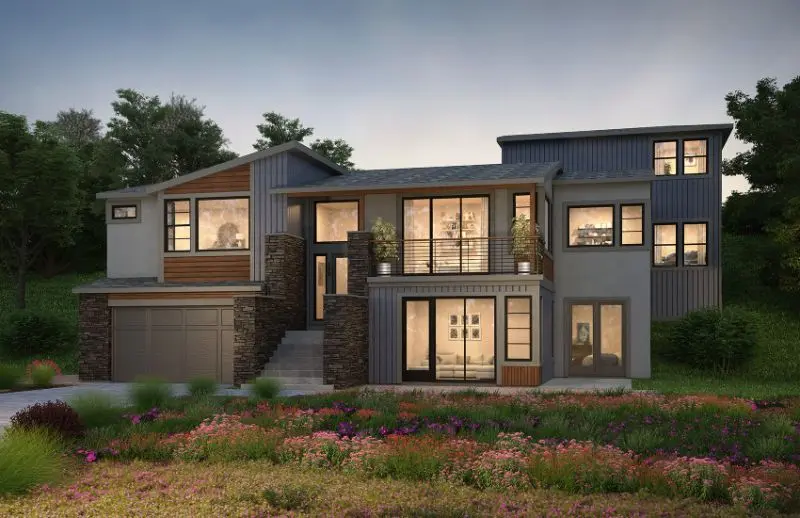 Artistic rendering of Plan 3b, showcasing 3,688 Sq. Ft. Single-Family Homes by Haven Development. With only four available, this three-story residence features a 2-car garage, 3-4 beds plus flex space, and 4 baths plus an optional half bath. Discover your dream home today.
