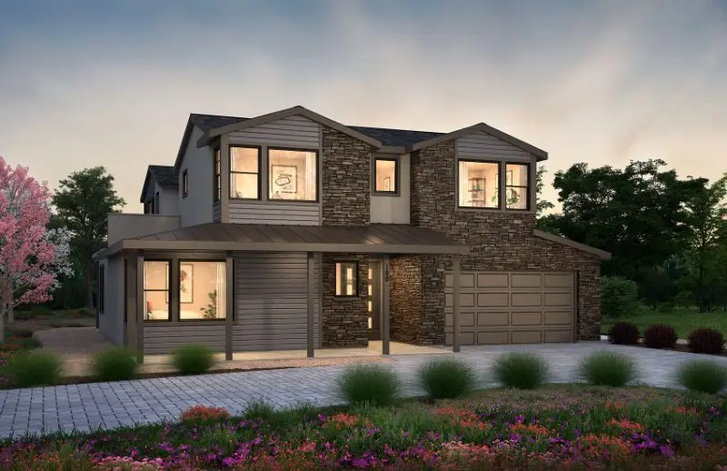 Artistic rendering of the Tamalpais (a), a 3,769 Sq. Ft. Single-Family Home located in Lucas Valley, CA. This two-story residence features 4 beds, 4.5 baths, and a two-car garage. Only five home sites with this plan are available. Contact us to discover your haven.