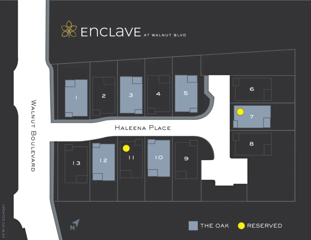 New homes for sale in Walnut Creek. See the Site Plans featuring Enclave at Walnut Boulevard, the new community near Broadway Plaza in downtown Walnut Creek. Contact Walnut Creek homebuilders, Haven Development to secure your new single-family home.